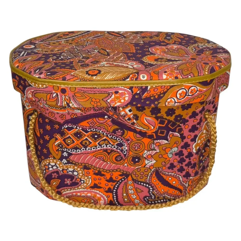 1960s Psychedelic Paisley Wig Case Hat Box Vanity Storage Mod Orange Pink